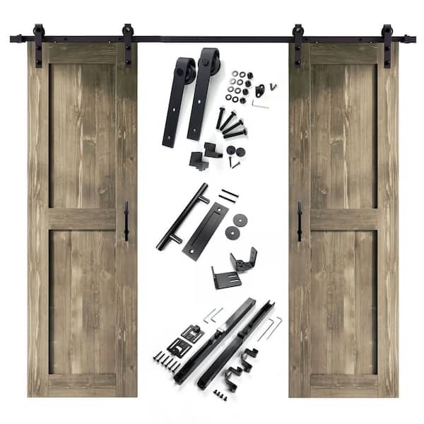HOMACER 26 in. x 84 in. H-Frame Classic Gray Double Pine Wood Interior Sliding Barn Door with Hardware Kit Non-Bypass