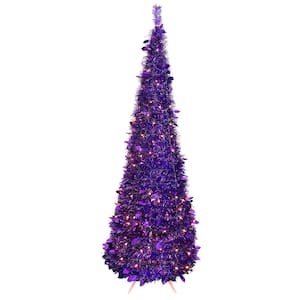 4 ft. Purple Pre-Lit Tinsel Pop-Up Artificial Christmas Tree, Clear Lights