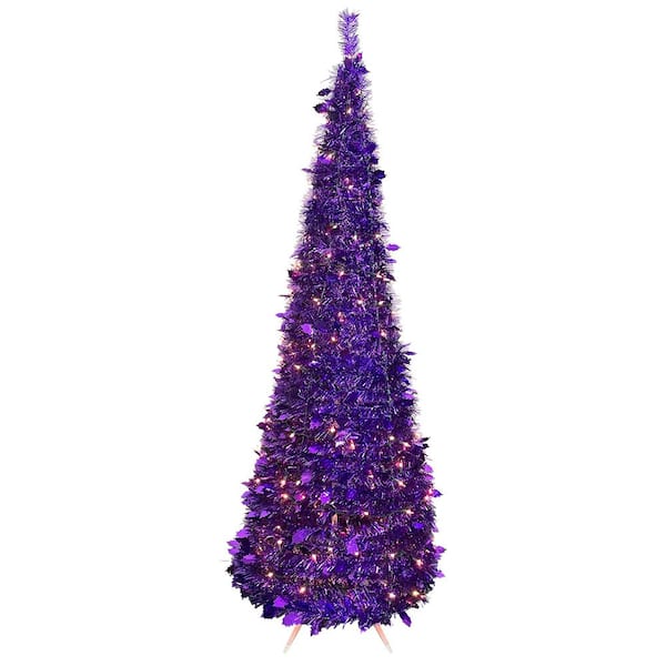 Northlight 4 ft. Purple Pre-Lit Tinsel Pop-Up Artificial Christmas Tree, Clear Lights