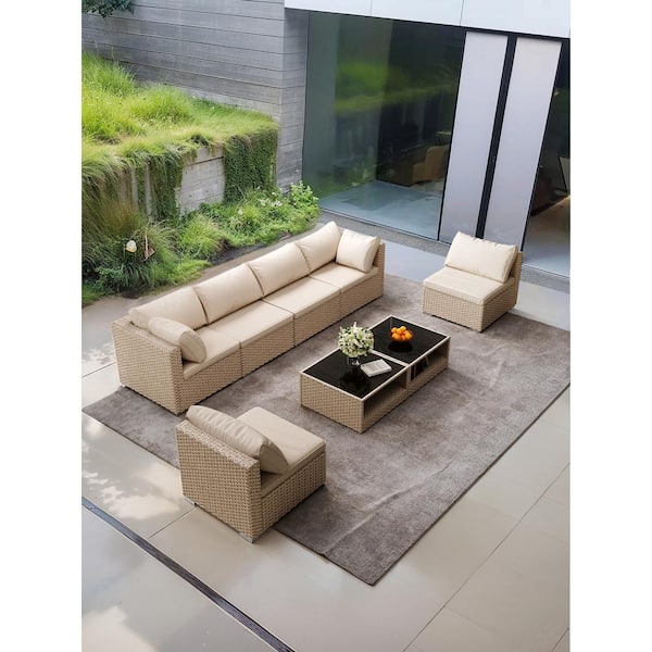 Unbranded Brown 8 -Piece Wicker Rattan Outdoor Conversation Sectional Set With Khaki Cushions and Coffee Table