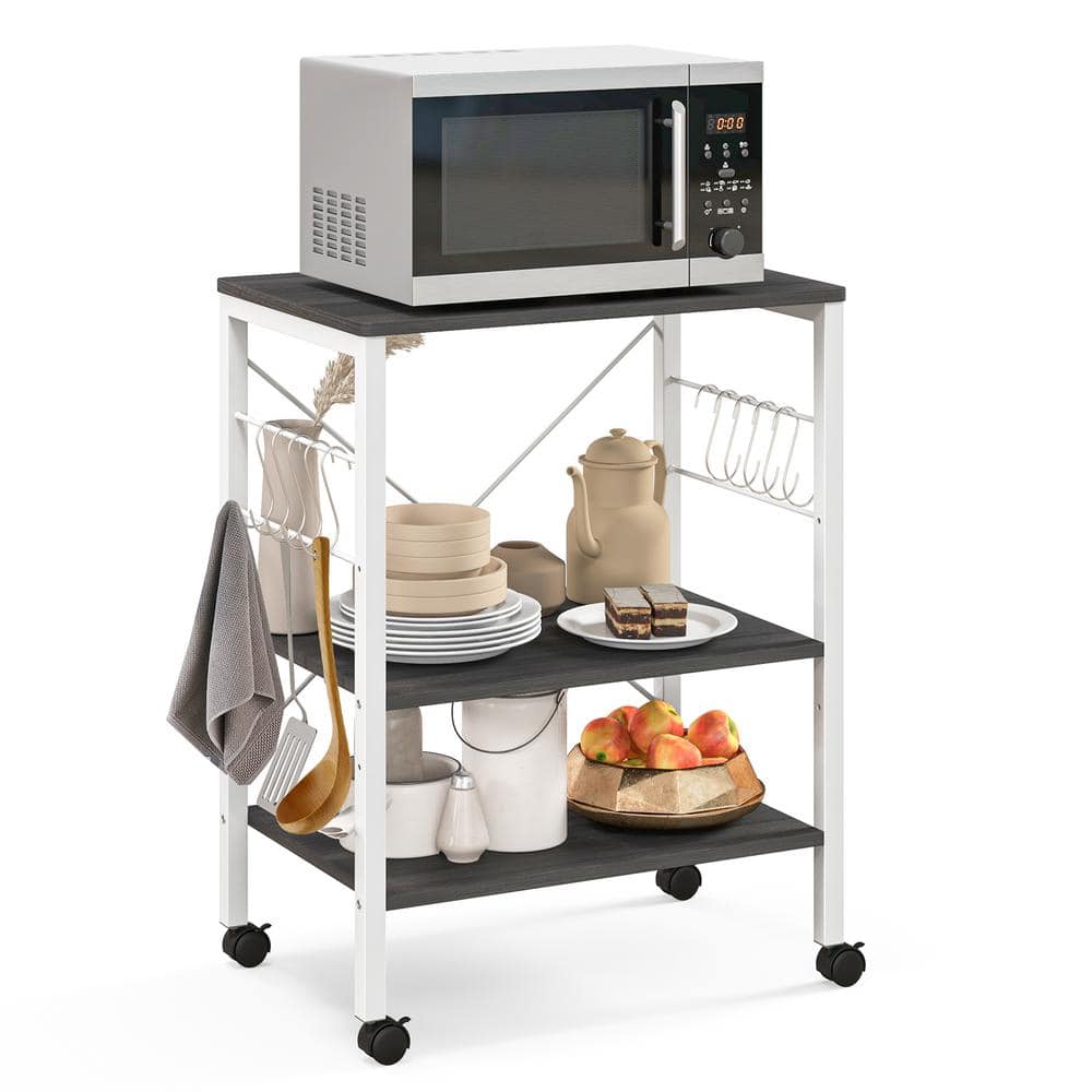 Brown 3-Tier Kitchen Cart with Storage and Hooks