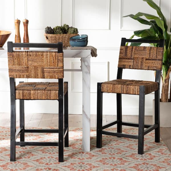 Raniya 39.4 in. H Black Wood and Woven Seagrass Counter Stool