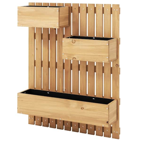 Costway Natural Wood Wall Mounted Outdoor Garden Planter with 3 Planter Boxes Drainage Holes Non-woven Liners