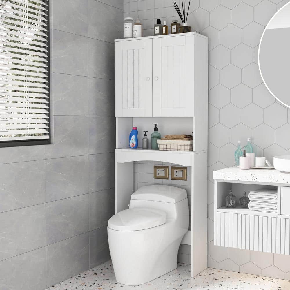 9 in. W x 61.8 in. H x23.6 in. D Matte White MDF Over-the-Toilet Storage wi