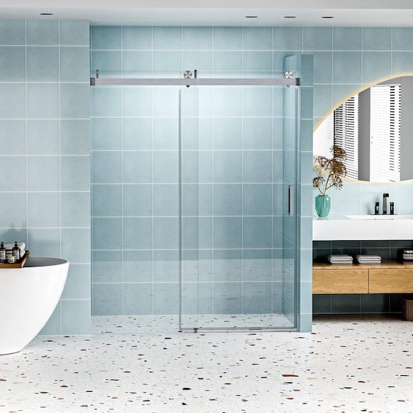 56 to 60 in. W x 76 in. H Single Sliding Frameless Shower Door in Brushed Nickel Finish with Clear Glass