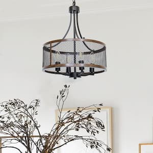 Farmhouse 4-Light Oil Black and Wood Finish Drum Chandeliers.Industrial Pendant Lighting for Dining Room Living Room