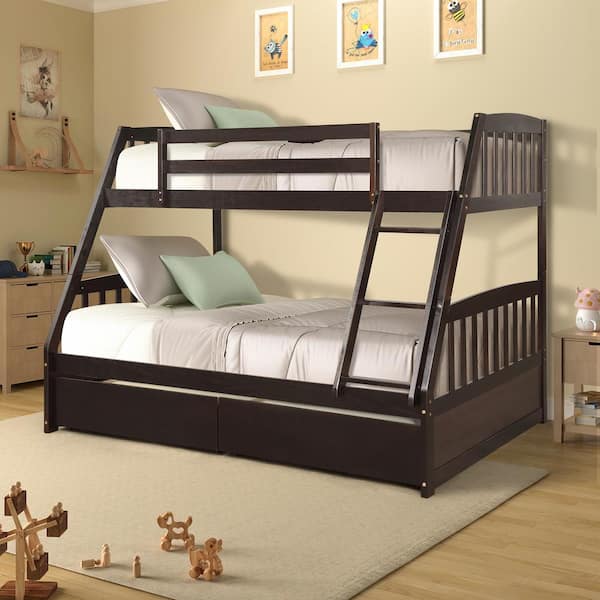 Full Bunk Bed With 2 Storage Drawers, Solid Wood Twin Over Full Bunk Bed With Stairs