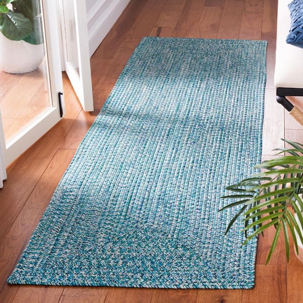 Braided Teal/Green 2 ft. x 8 ft. Machine Washable Concentric Woven Runner Rug