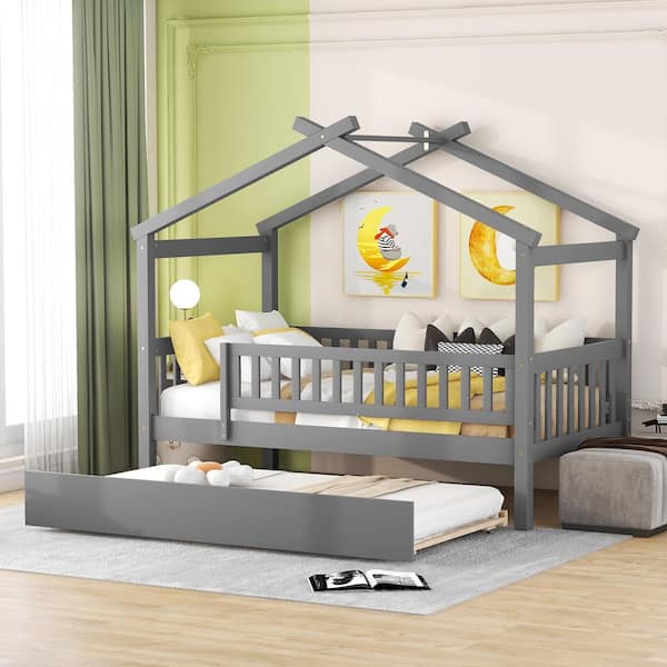 Harper & Bright Designs Gray Twin Size Wood House-Shaped Bed with Full-Length Guardrail and Trundle