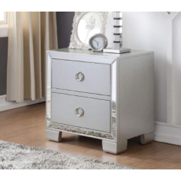 Benjara 2-Drawer Silver Nightstand with Mirror Insert Front Trim
