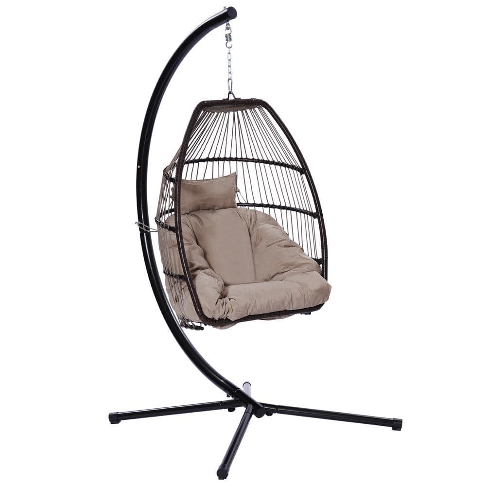 Black Wicker Outdoor Egg Chair Patio Swing with C Type Bracket and Beige Br
