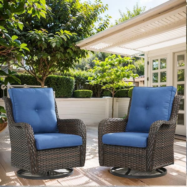 Gymojoy Carolina Brown Wicker Outdoor Rocking Chair with CushionGuard Blue Cushion 2-Pack