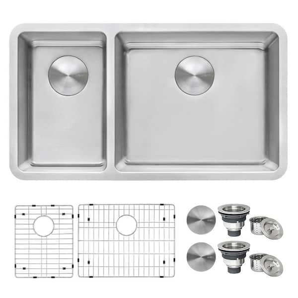 Ruvati Parmi Undermount 32.25-in x 18.875-in Brushed Stainless Steel Double  Offset Bowl Kitchen Sink in the Kitchen Sinks department at