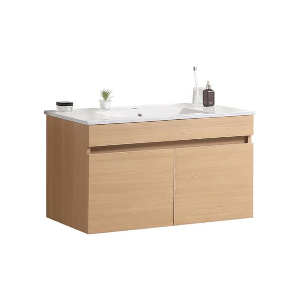 Dimakai 36 in. W. Single Sink Wall Mounted Bath Vanity in Light Oak with White Ceramic Top