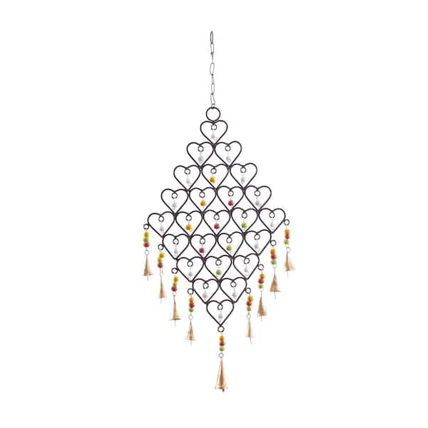 Litton Lane 26 in. Black Metal Indoor Outdoor Hearts Windchime with Bells and Glass Beads