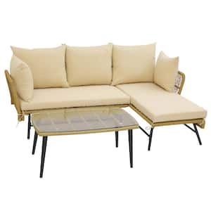 3-Piece Plastic Patio Conversation Set L-Shaped Sofa Furniture Deck Garden with Beige Cushions