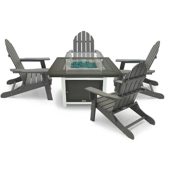 LuXeo Park City 42 in. 2-Tone Gray Square Top Fire Pit Table, 5-Piece Plastic Patio Conversation Set with Gray Folding Chairs