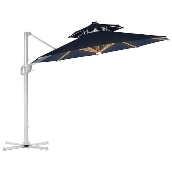 PASAMIC 12 ft. Double Top Aluminum Patio Offset Umbrella Cantilever Umbrella, Center light And Strip Lights in Navy Blue