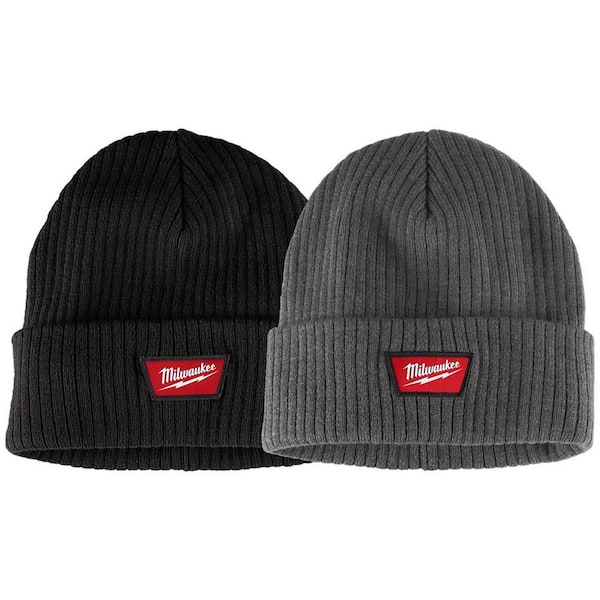 Men's Black and Gray Rib-Knit Cuffed Beanie Cap (2-Pack)
