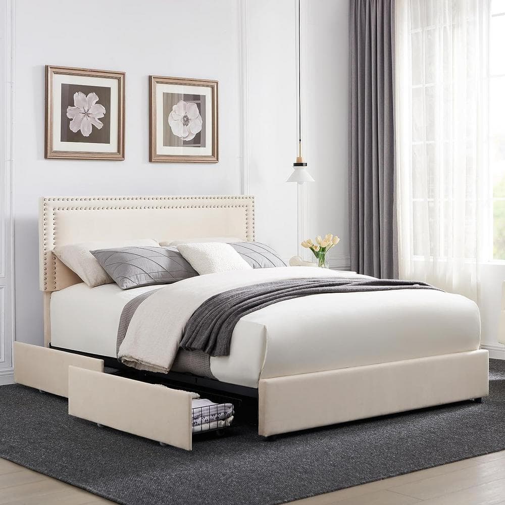 Beige Velvet Upholstered Queen Platform Bed with Storage Drawers