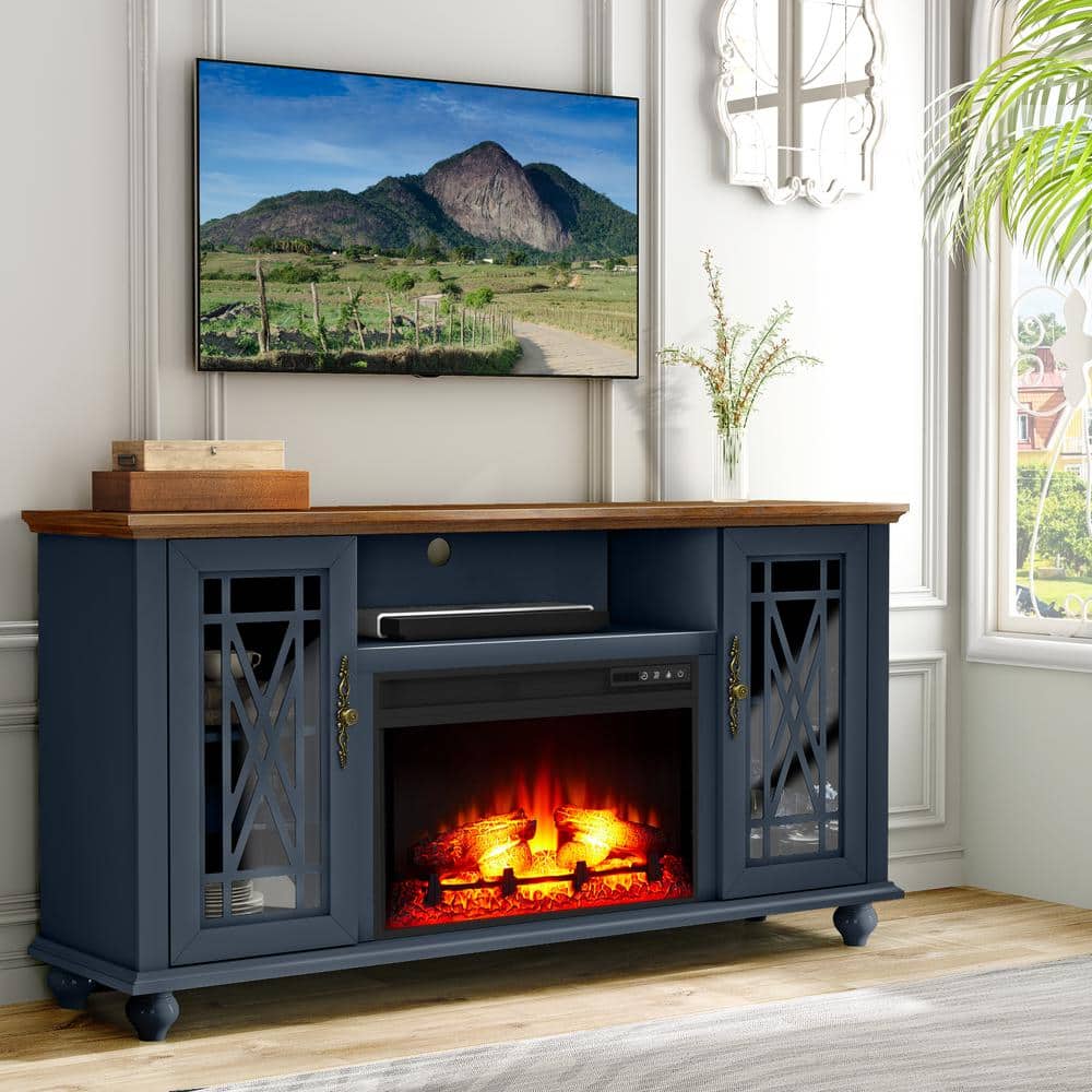 Navy and Natural Wood 62" TV Stand with Fireplace