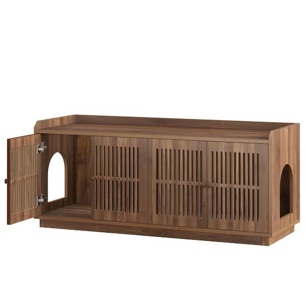 Ezlynn 55.12 in. L Brown Cat Cabinet with 2 Large Complements, Ventilated Cat Cabinet with Side Access for Living Room