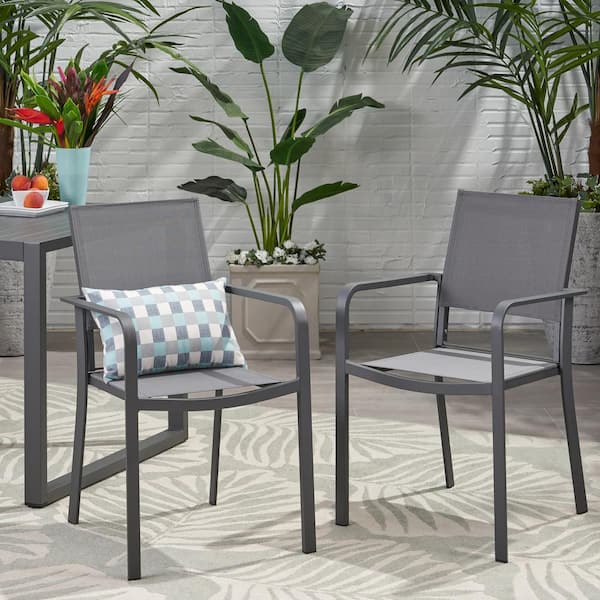 Tenleaf Gray Metal Modern Outdoor Dining Chair with Mesh Seats Set of 2
