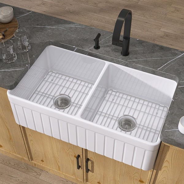 NTQ 33 in. Farmhouse Kitchen Sink Double Bowl White Fireclay Sink Large Apron-front Kitchen Sink Bottom Grid and Strainer