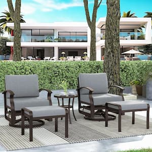 5-Piece Aluminum Swivel Outdoor/Indoor Rocking Chairs Patio Conversation Set with Grey Cushions and Table, Footstool