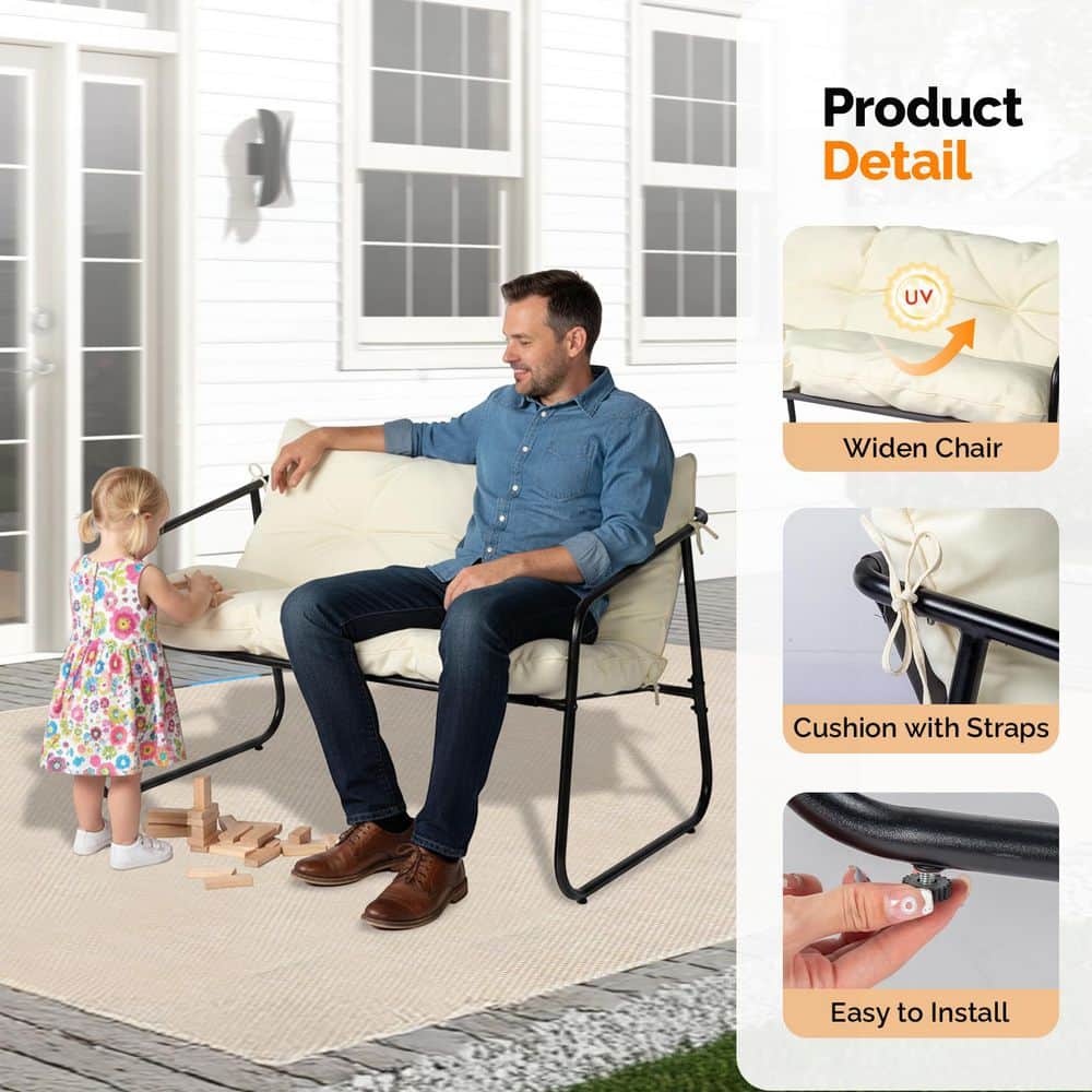 Man and child with patio furniture, showing cushion straps and installation