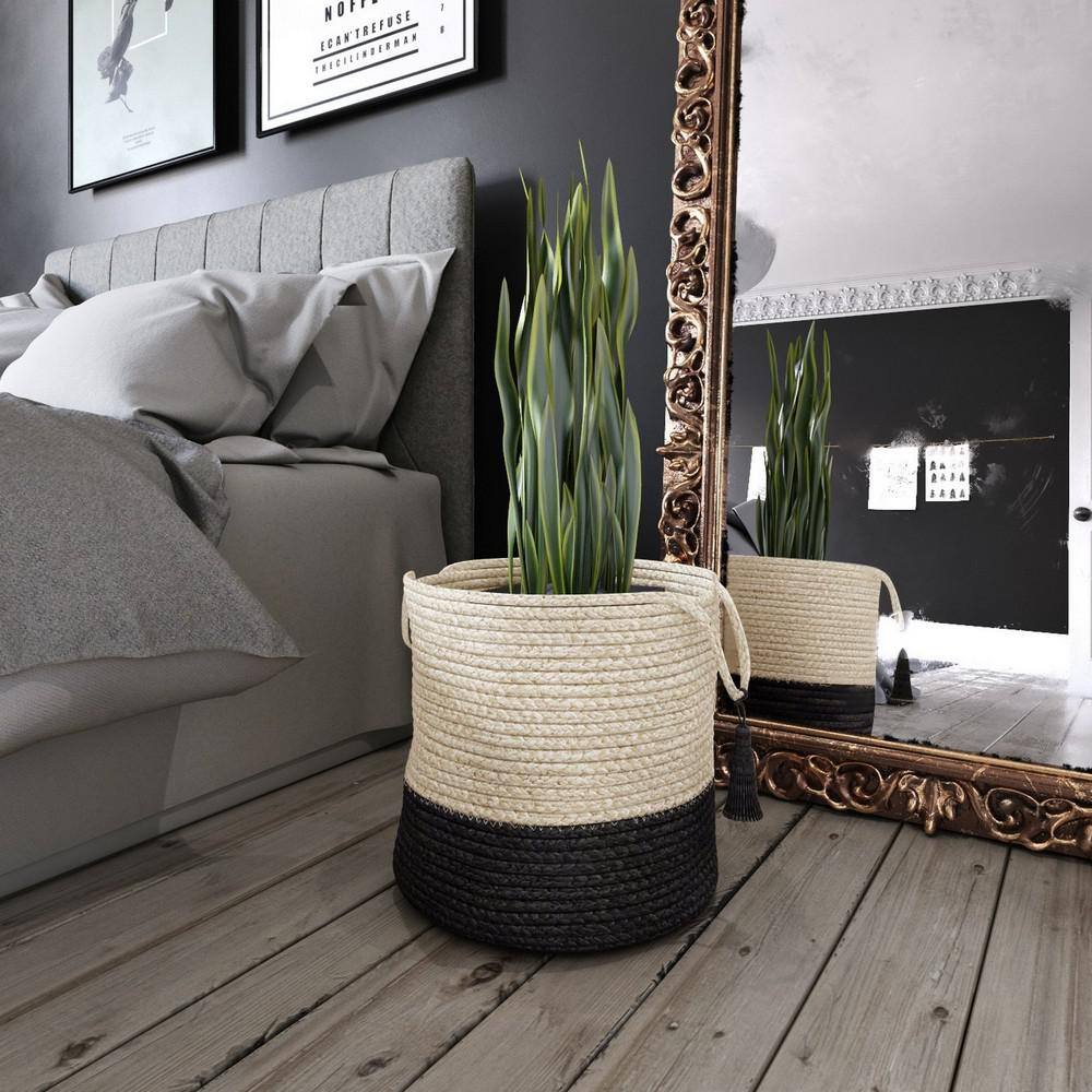 17" Cream and Black Round Jute Storage Basket