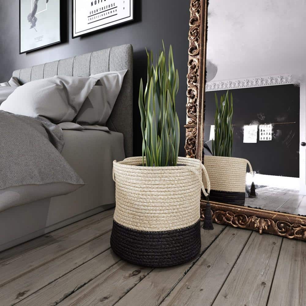 17" Cream and Black Round Jute Storage Basket