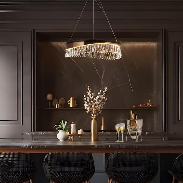 Delphinium 1-Light Dimmable Integrated LED Matte Black and Plating Brass Crystal Round Chandelier for Living Room