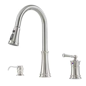 1.8 GPM Single Handle Pull Down Sprayer Kitchen Faucet with Soap Dispenser and Ceramic Cartridge in Brushed Nickel