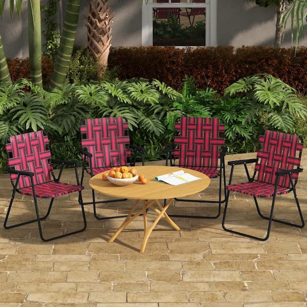 Red Metal Folding Webbed Lawn Chairs, Outdoor Patio Folding Beach Chairs with Heavy Duty Frame (Set-4)