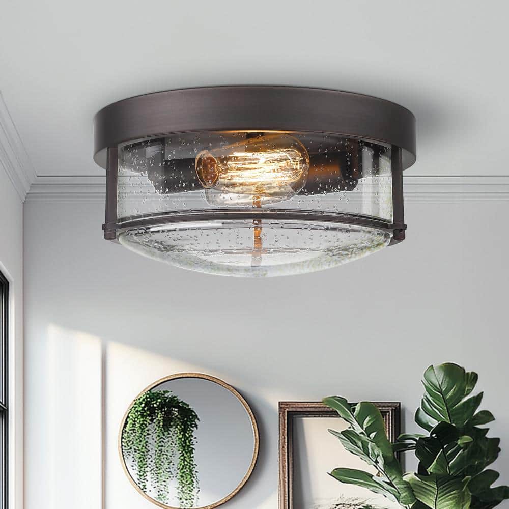 Farmhouse Oil Rubbed Bronze Glass Drum Ceiling Light
