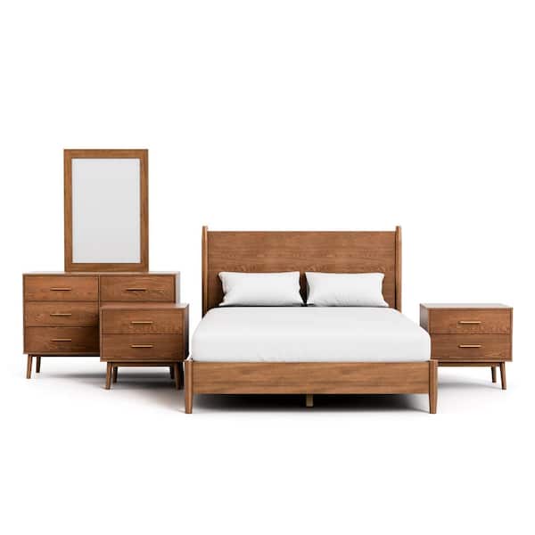 Riverstone 5-Piece Mid Century Walnut Wood Queen Bedroom Set with 2 Nightstands and Dresser/Mirror