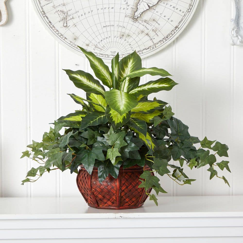 Green Plastic Dieffenbachia and Ivy Arrangement in Decorative Planter