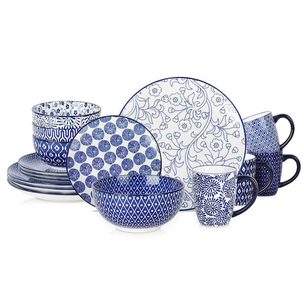 16 Pieces Vintage Blue Ceramic Dinnerware Set Service for 4, Scratch Resistant, Microwave & Dishwasher Safe