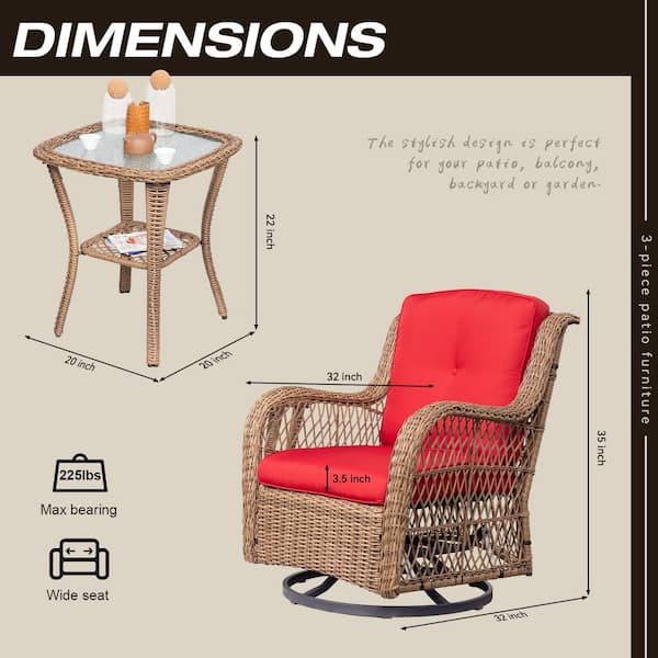 3-Piece Wicker Outdoor Swivel Rocking Chair Set with Red Cushions Patio Conversation Set (2-Chair)