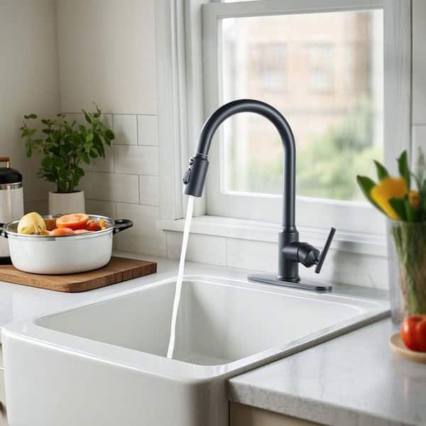 Modern High Arc Single Handle Pull-Down Sprayer Kitchen Faucet, Kitchen Sink Faucet with Deckplate in Matte Black