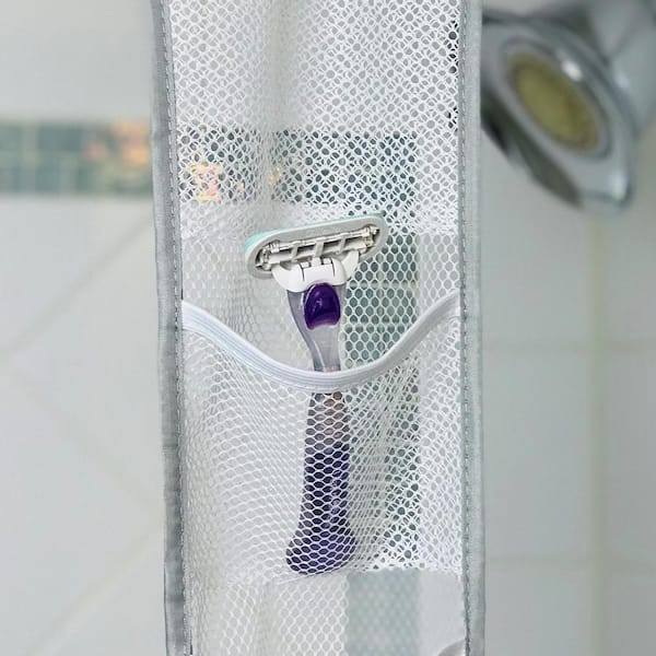 Mesh Shower Caddy, Shower Curtains Rod Hanging Caddies 6 Pockets With 3  Hooks, 17 X 26 Inch, White