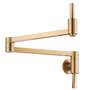 Wall Mounted Pot Filler with Double-Handle and Double Joint Swing Arm in Gold