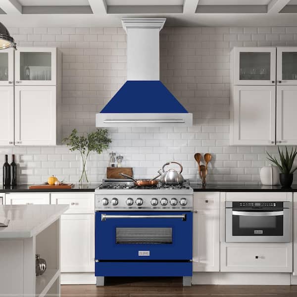 36 in. Satin Stainless Steel Wall Mount Range Hood with Blue Gloss Shell and Stainless Steel Handle