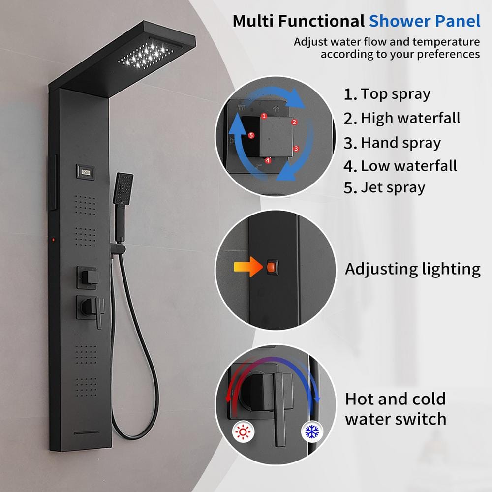 Matte Black 4-Jet Rainfall Shower Panel System with LED Light