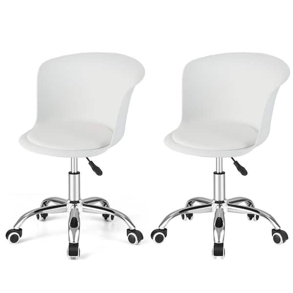 Costway Set of 2 Faux Leather Seat Adjustable Office Ergonomic Chairs in White Swivel Desk Chair with No Arms