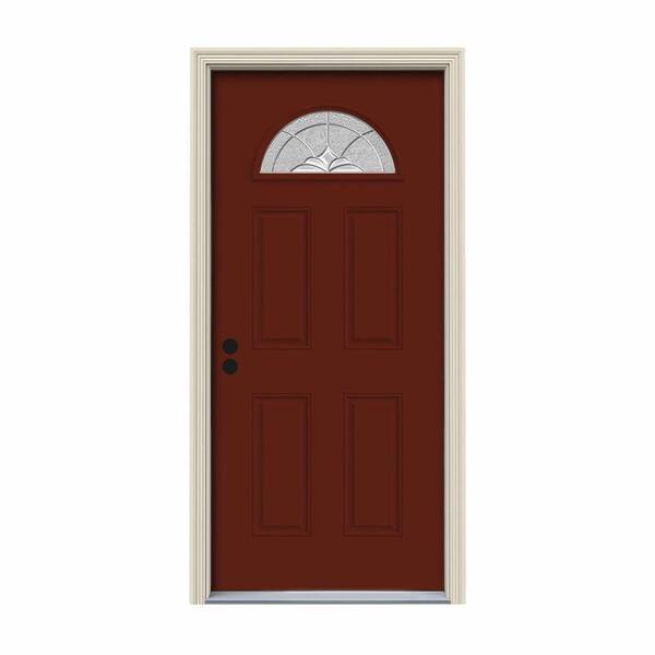 JELD-WEN 30 in. x 80 in. Fan Lite Langford Mesa Red w/ White Interior Steel Prehung Right-Hand Inswing Front Door w/Brickmould