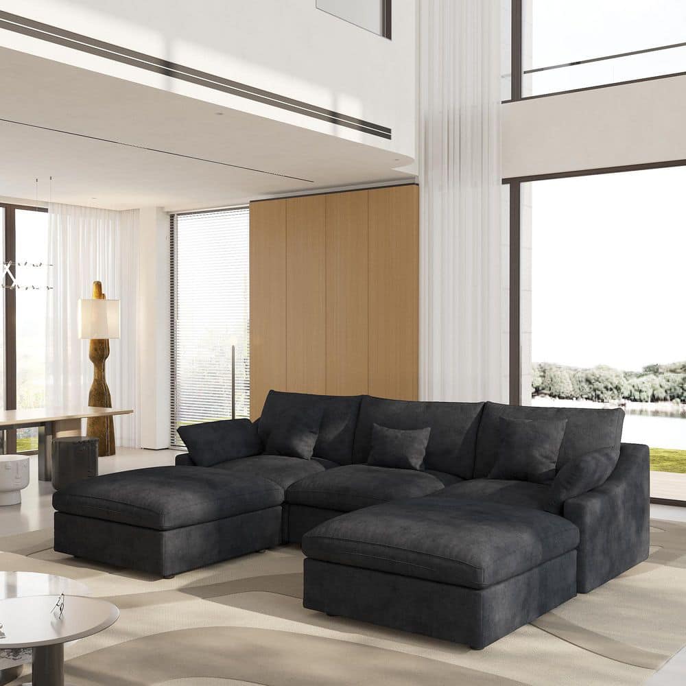 119.2 in. Square Arm 5-Piece Linen U-Shaped Down Feather Modular Free Combination Sectional Sofa with Ottoman in Black