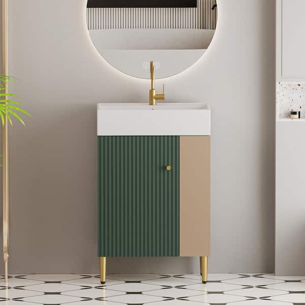 21.6 in. Single Sink Freestanding Green Bath Vanity with White Ceramic Top, Open Shelf Storage, Right Side