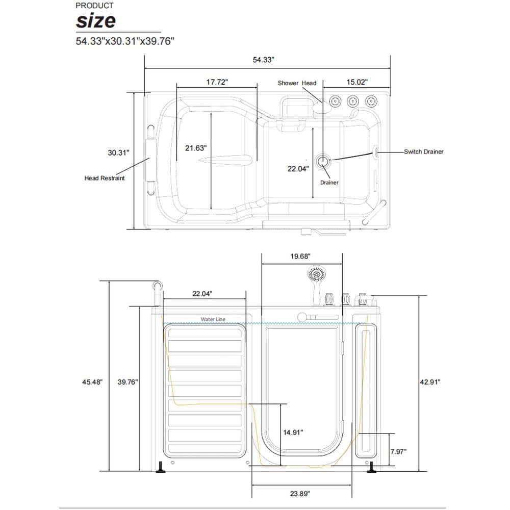 Empava White Acrylic Walk-In Soaking Bathtub with Handrails